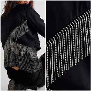 nwt FREE PEOPLE Satin Crop Blazer Jacket with Rhinestone Tassel Fringe Trim